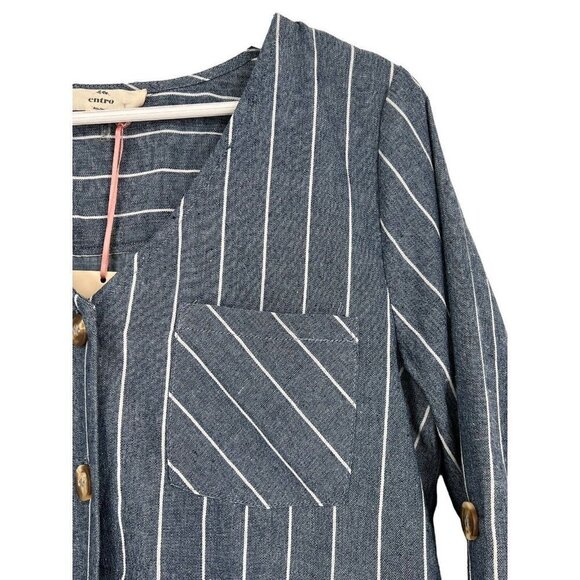 Entro Button Front Sheath Dress Size M Blue White Striped Chambray Roll Tab - Picture 6 of 16